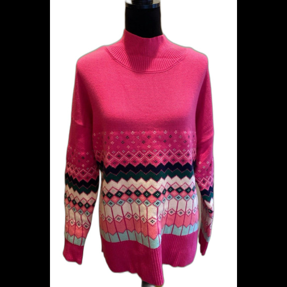 NWT Crown & Ivy Sweater Size Large Measures like 2X Magenta Pink Fair Isle Look - Picture 1 of 10